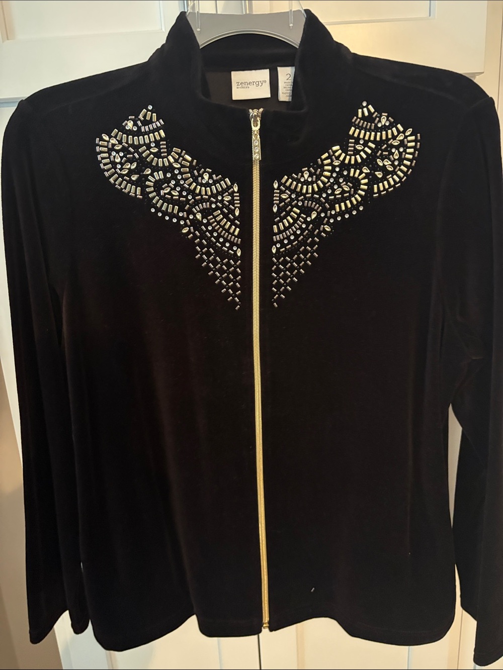 Chico's Black Velour Zip Jacket with Bead Embellishment